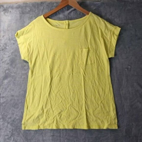 Talbots M Yellow Striped ShortSleeve Pocket Button Back Detail preppy casual Top - Picture 1 of 9